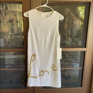 Theia White Dress with Gold 'Love' Sequin Script